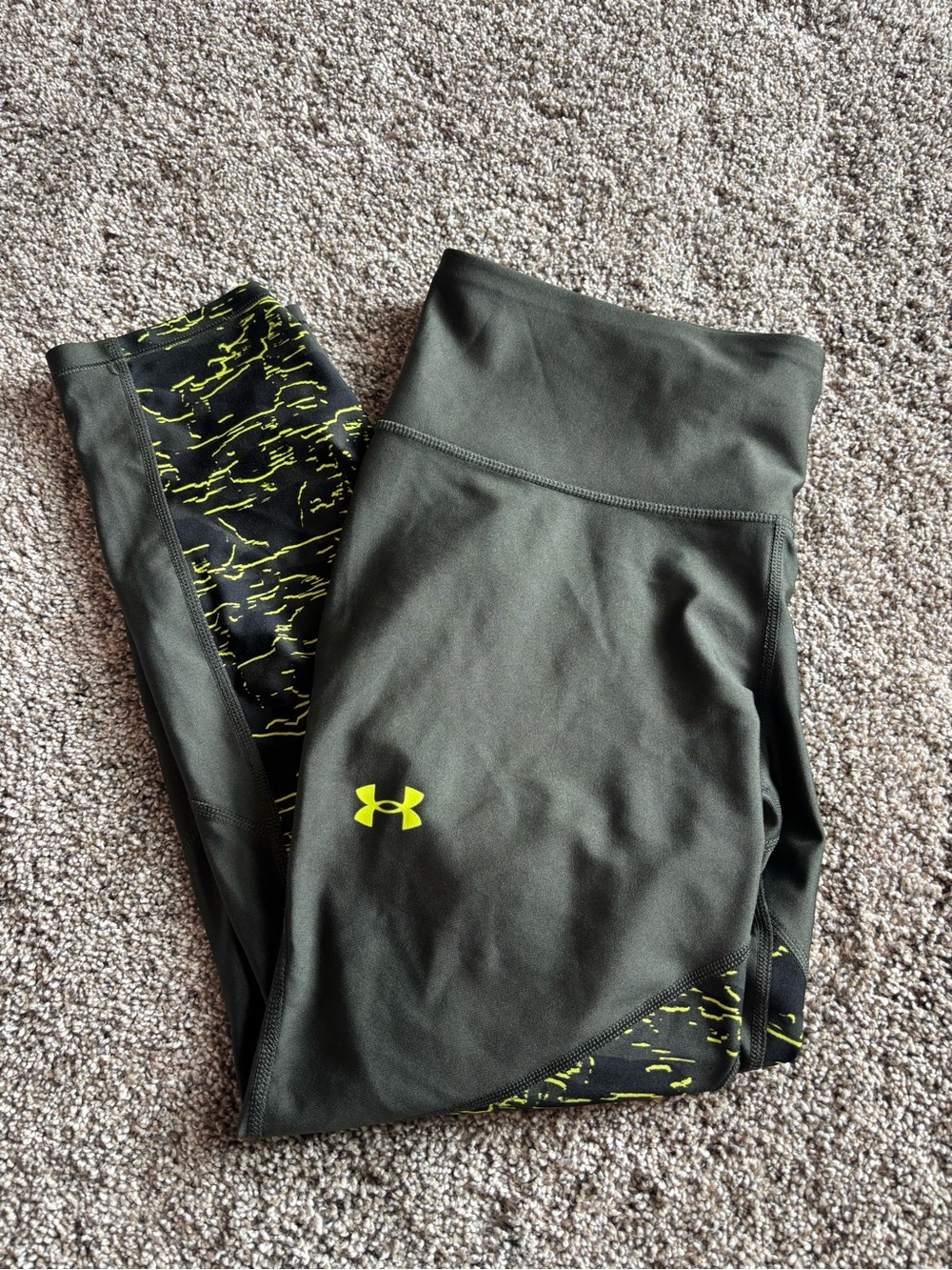 Under Armour Olive Green Leggings with Neon Yellow Accent